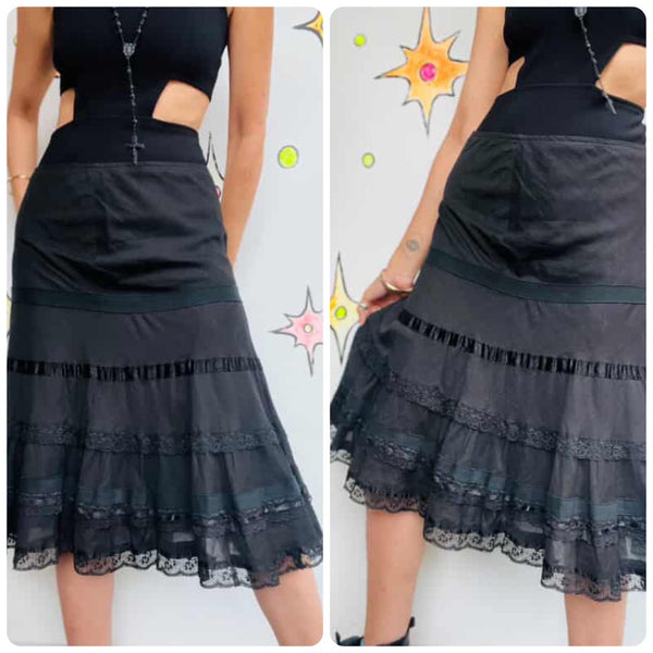 Vintage Black Tiered Lace Ruffle Midi Skirt Whimsy Goth Coquette Fairy Grunge SM