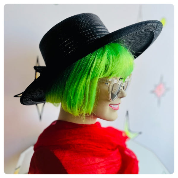 Vintage Extra Wide Brim Black Glam Witchy High Fashion Hat w Statement Bow