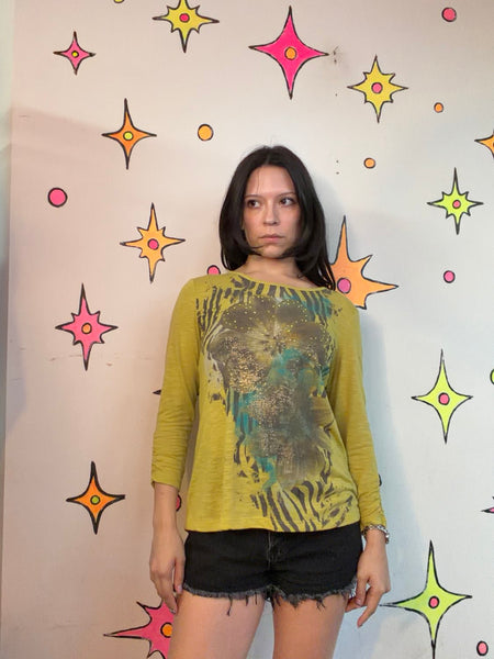 Y2K Chartreuse Zebra Print Tee | McBling Glam Animal Print Top Small