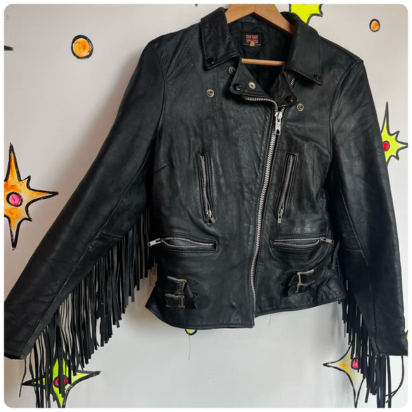 Vintage 80s 90s | Black Leather Jacket with Fringe Made in Great Britain | 12