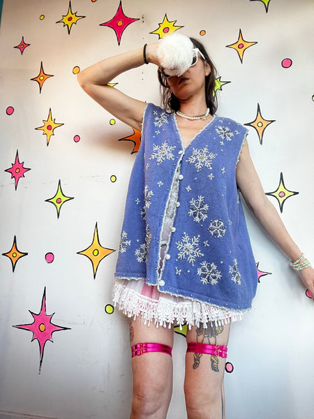 Vintage Christmas Vest Embellished Embroidered Beaded Snowflake Holiday XL