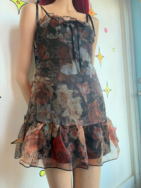 Sheer Black Floral Babydoll Dress | Romantic Goth Fairy Grunge Slip Mini M