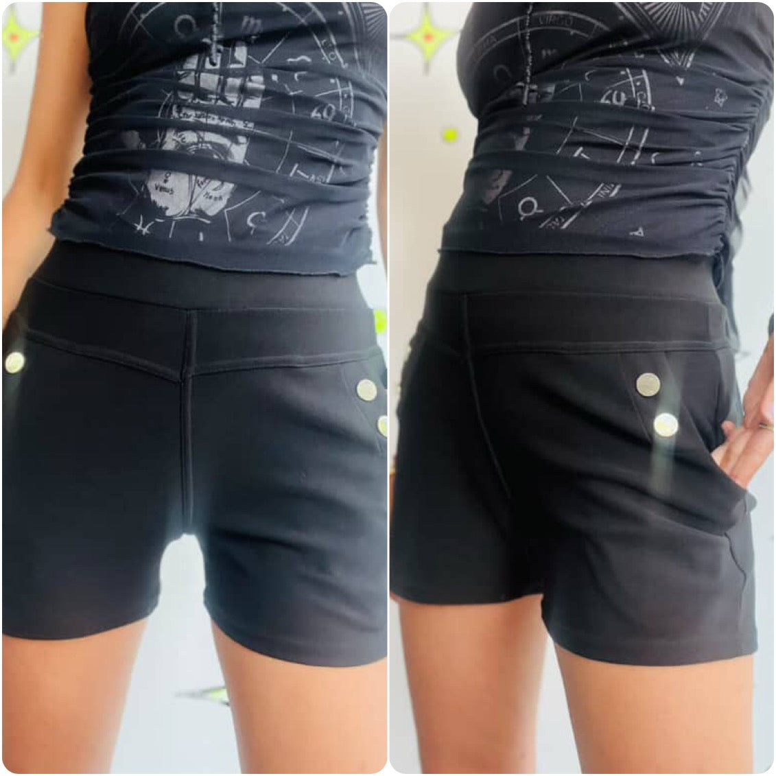 Y2K Black Sailor Shorts with Gold Buttons – Pirate Boho Grunge Goth – Size 2