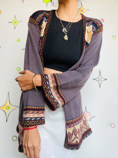 Vintage 1970s Belted Bell Sleeve Cardigan Sweater | Groovy Boho Grunge | S M