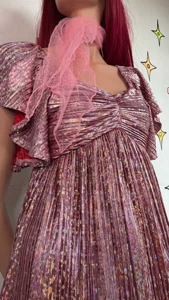 Pink Retro 60s 70s Metallic Mini Go-Go Dress Space Age Glam Party S