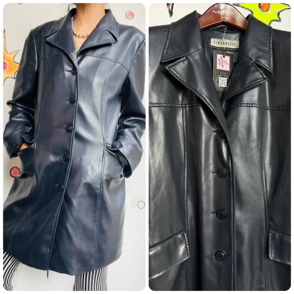 90s Navy Blue Vegan Leather Trench Coat - Clockhouse - Emo Grunge Revival UK 14