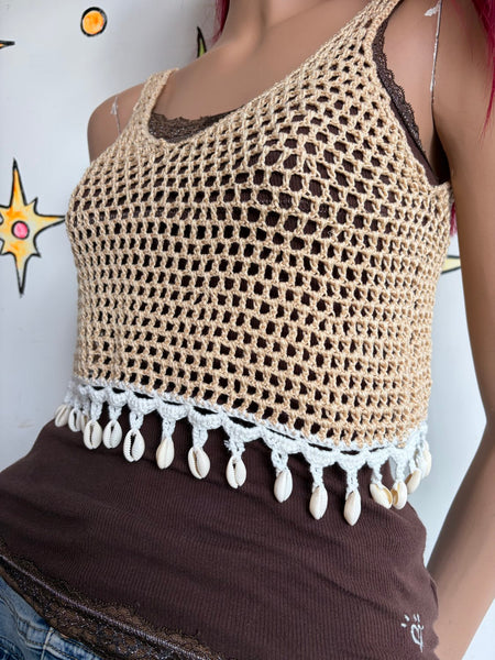 90s Beige Crochet Mermaidcore Crop Top Embellished Shells Fairy Grunge Boho S