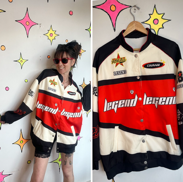 Y2K Retro Racing Bomber Jacket Japanese Streetwear Moto Gorpcore Oversized L/XL