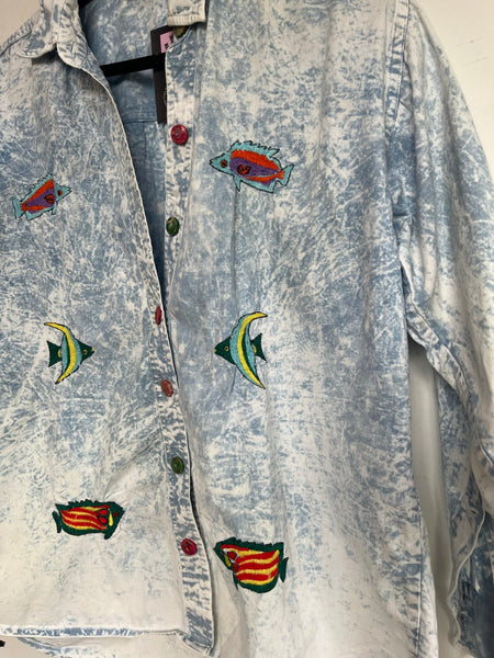 Vintage 80s Acid Wash Rainbow Fish T-Shirt MTO Maximalist Cotton Tee S