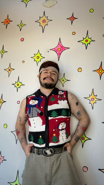Vintage 80s 90s Retro Blue Snowman Zip Up Ugly Christmas Party Sweater Vest | S