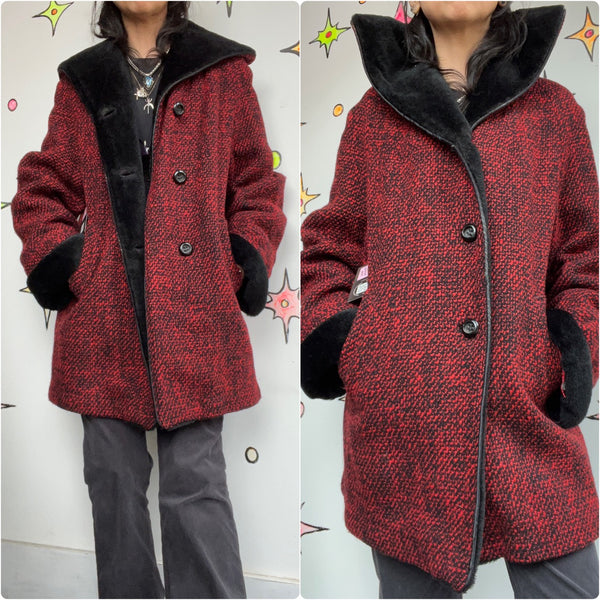 Vintage | Cozy Warm Red and Black 100% Alpaca Fleece Coat Old Hollywood Glam