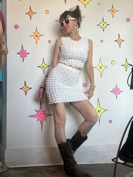 Y2K White Popcorn Two Piece Set | Stretch Mini Skirt Crop Top Coquette Resort M