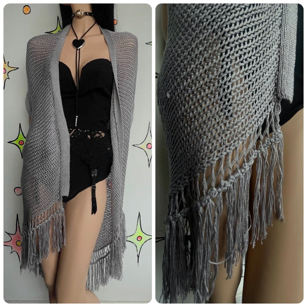 Y2K Gray Crochet Duster Vest | Boho Western Fairy Grunge Long Layering Robe