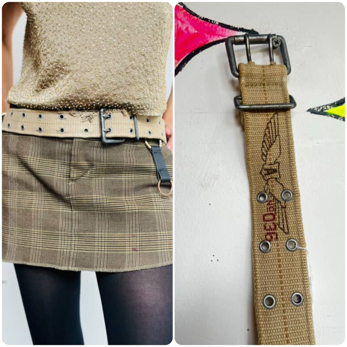 Vintage Military Green Double Grommet Belt – Distressed Punk Y2K Grunge – Unisex