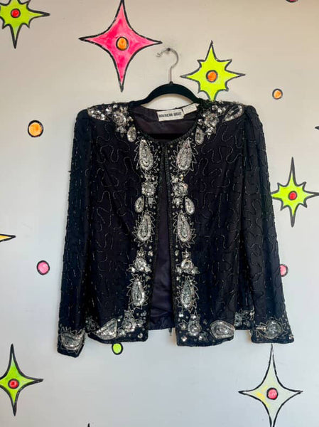 Vintage 80s Black & Silver Sequin Beaded Pirate Glam Rock Party Jacket Size S