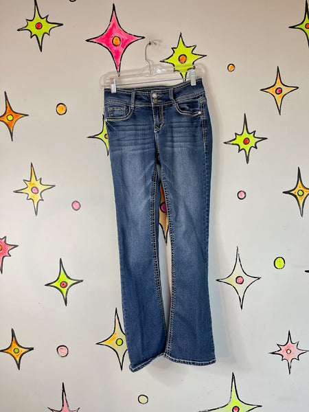 Y2K Blue Denim Flare Jeans Low Rise Stretchy 2000s Bootcut Jeans Size 3 / 25-26