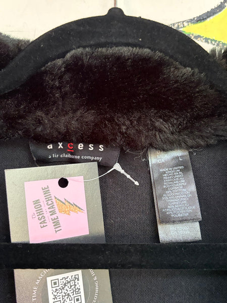 90s Black Faux Fur Trim Cardigan Goth Grunge Glam Cropped Sweater - Large
