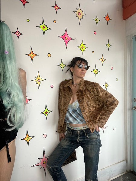 Vintage 90s Y2K Vegan Animal Print Jacket Cropped Grunge Glam Boho - M
