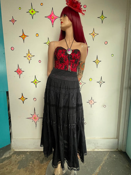 Lace & Beaded Black Cotton Maxi Skirt Whimsigoth Fairy Grunge Witchy Western M