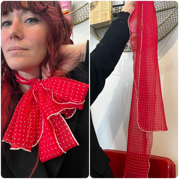 Vintage | Charming Bright Red and White Polka Dot Long Sheer Scarf