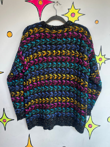 Vintage Rainbow Knit Sweater Chunky 80s Retro Cardigan Oversized L/XL