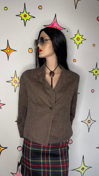 Brown Cropped Blazer Y2K Fairy Academia Embroidered Linen Feel - Preppy Glam M