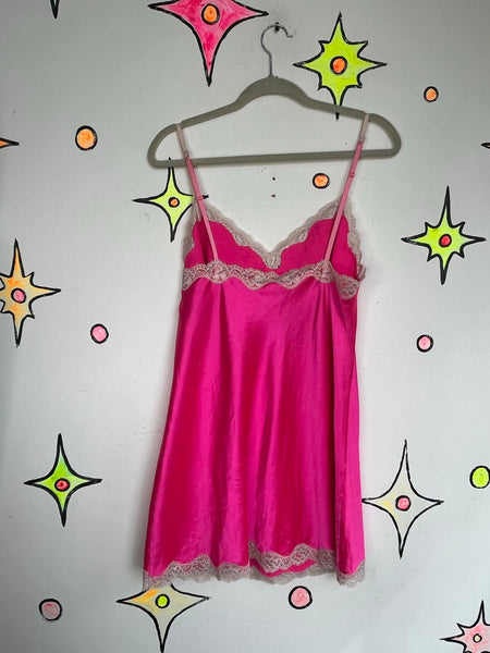 Vintage Victoria’s Secret Hot Pink Satin Slip Dress Lace Babydoll Lingerie – L