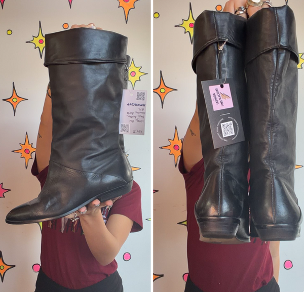 80s Black Slouch Boots Leather Riding Boots Dark Academia Romantic Goth 8