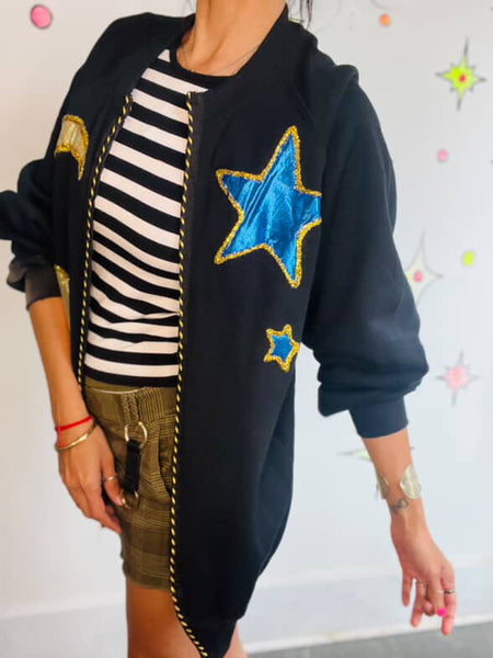 Vintage 80s Black Embellished Celestial Witchy Stars Moons Sweater L XL