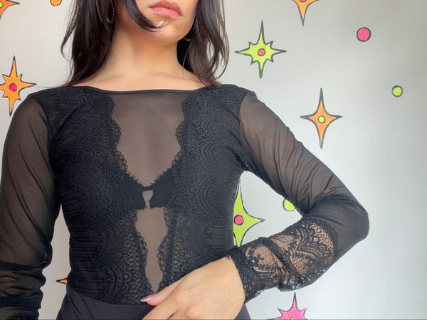 Vintage Sheer Black Lace Bodysuit Gothic Romantic Lingerie Goth Grunge S