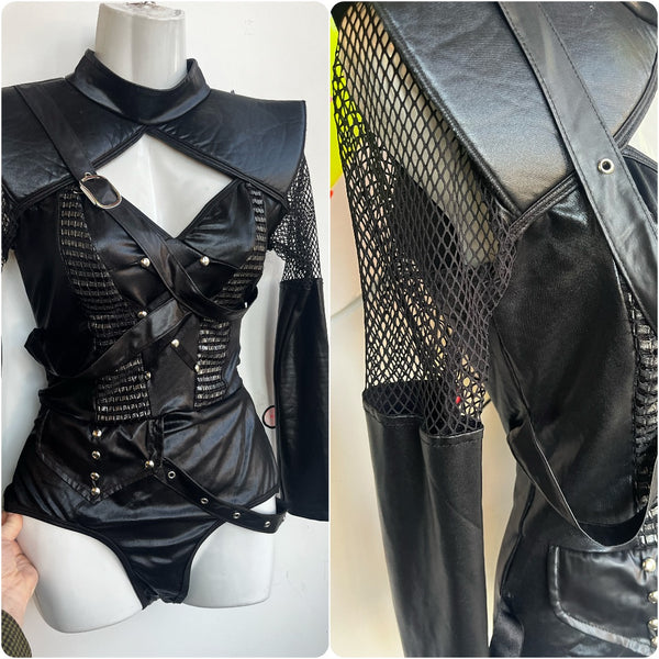 90s Y2K | Black Goth Vixen Vamp Punk Metal Bondage Harness Mesh Bodysuit | M