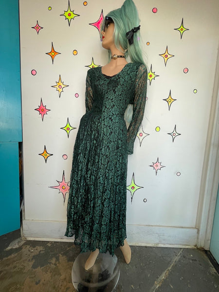 Vintage 90s Green Gauzy Lace Goth Dress Whimsy Goth Witchy Boho L