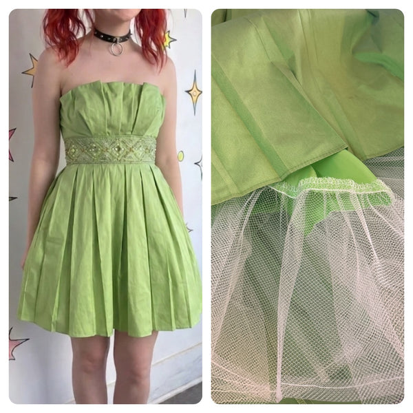 Y2K Lime Green Fairy Formal Satin Bedazzled Rhinestone Cupcake Mini Dress S
