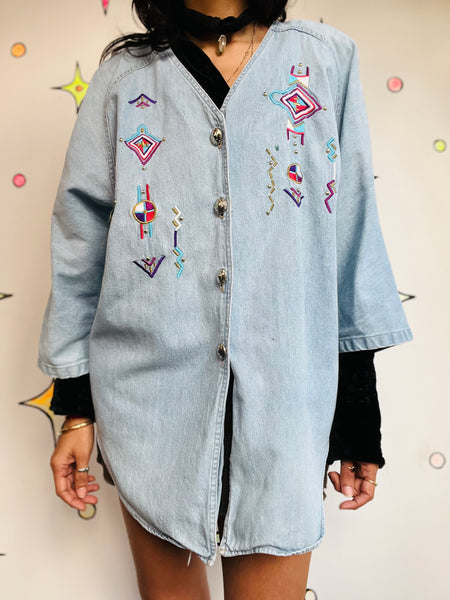 Vintage 80s 90s Light Wash Denim Western Embellished Top ' Boho Grunge Size M