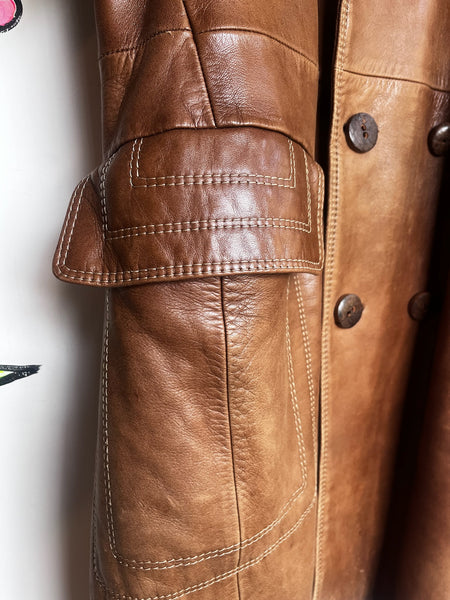Vintage 70s Brown Leather Coat | Long Trench-Style Jacket | Worn-In Patina ML