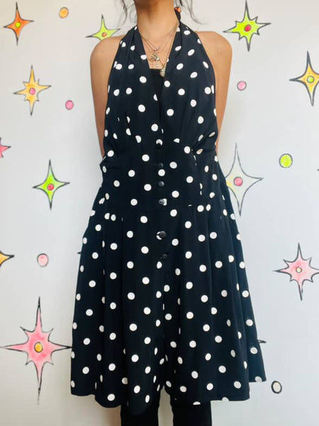 80s Does 50s Black & White Polka Dot Halter Romper Dress Rockabilly Pinup - L/XL
