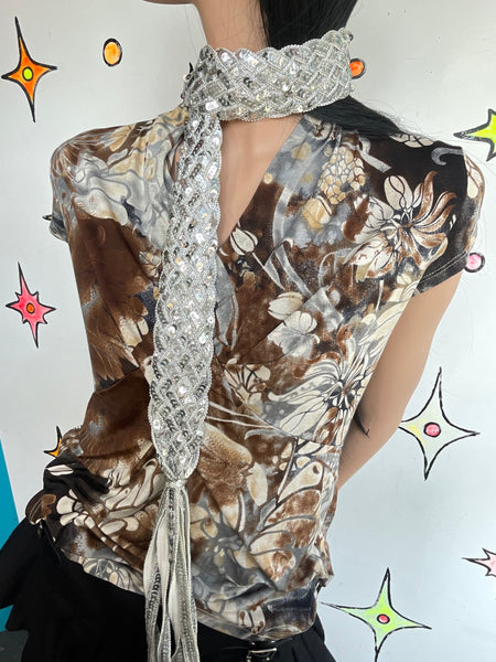Y2K Metallic Silver Fringe Belt Western Glam Boho Disco Statement Sash / Scarf