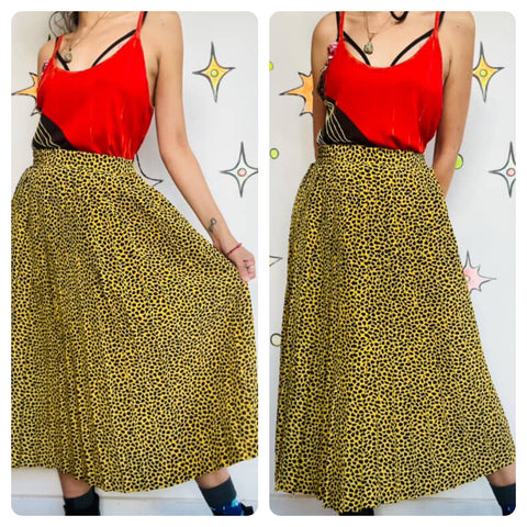 Vintage 80s 90s Yellow Leopard Print Midi Skirt - Emo Grunge Glam - Sz 8 Petite
