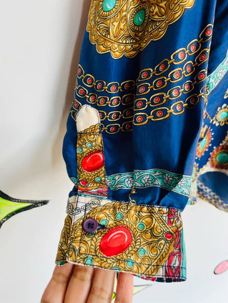 Vintage 90s Silk Scarf Print Rococo Revival Blouse - Boho Grunge Long Sleeve - M