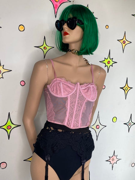 Y2K Pink Lace Corset Bustier Fairy Romantic Coquette Top Rococo Kawaii XL
