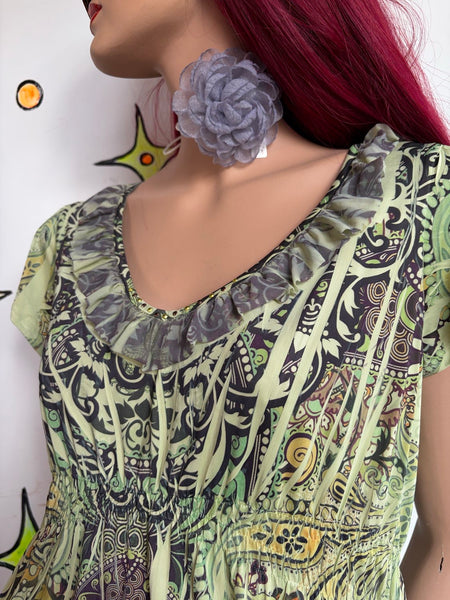 Y2K Moss Green Tattoo Print Ed Hardy Inspired Mall Goth Tunic Mini Dress | M/L