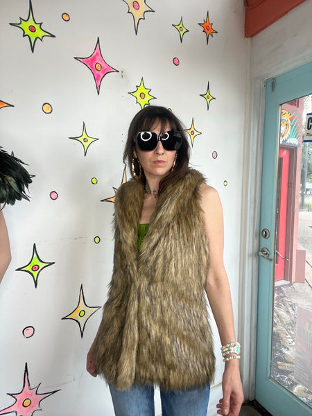 Y2K Vegan Fur Boho Vest Glam Grunge Statement Festival Layering Piece - Size M