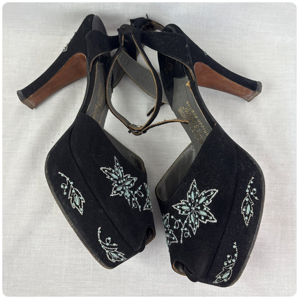 Vintage 1940s Black Embellished Peeptoe Platform Heels Designer Shoes - 7 - 7.5