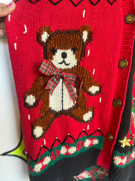 Vintage 80s 90s Ugly Tacky Christmas Party Sweater Cardigan w Teddy Bear M/L
