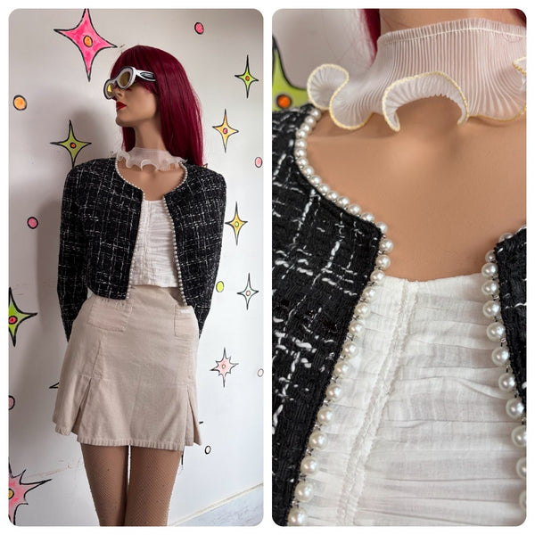 Y2K Tweed Cropped Blazer Black White Faux Pearl Trim Preppy Glam Coquette SM