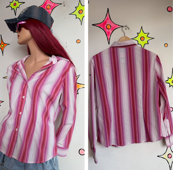 Y2K Pink Pinstripe Button-Up Shirt Office Siren Academia Preppy Glam L