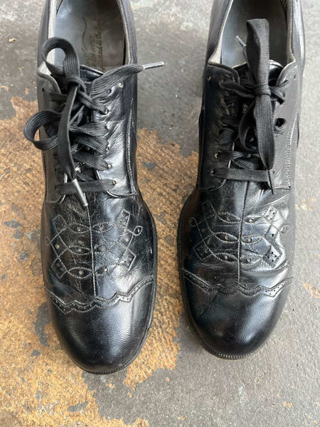 Vintage 1930s Black Leather Heeled Oxfords - Narrow Fit - Jahns Shoe Store - 8.5