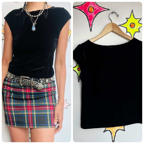 Vintage 90s | Stretchy Black Velvet Mall Goth Fairy Grunge Crop Top | Size Small