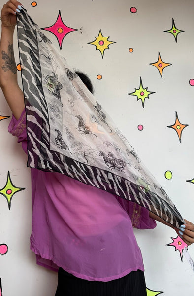 Vintage Zebra Print Sheer Silk Chiffon Scarf 60s 70s Mod Animal Print Square Scarf