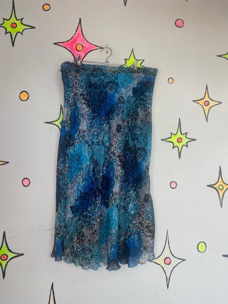 Y2K Blue Lace Tattoo Print Midi Skirt Fairy Grunge Aquamarine Mermaidcore Goth L